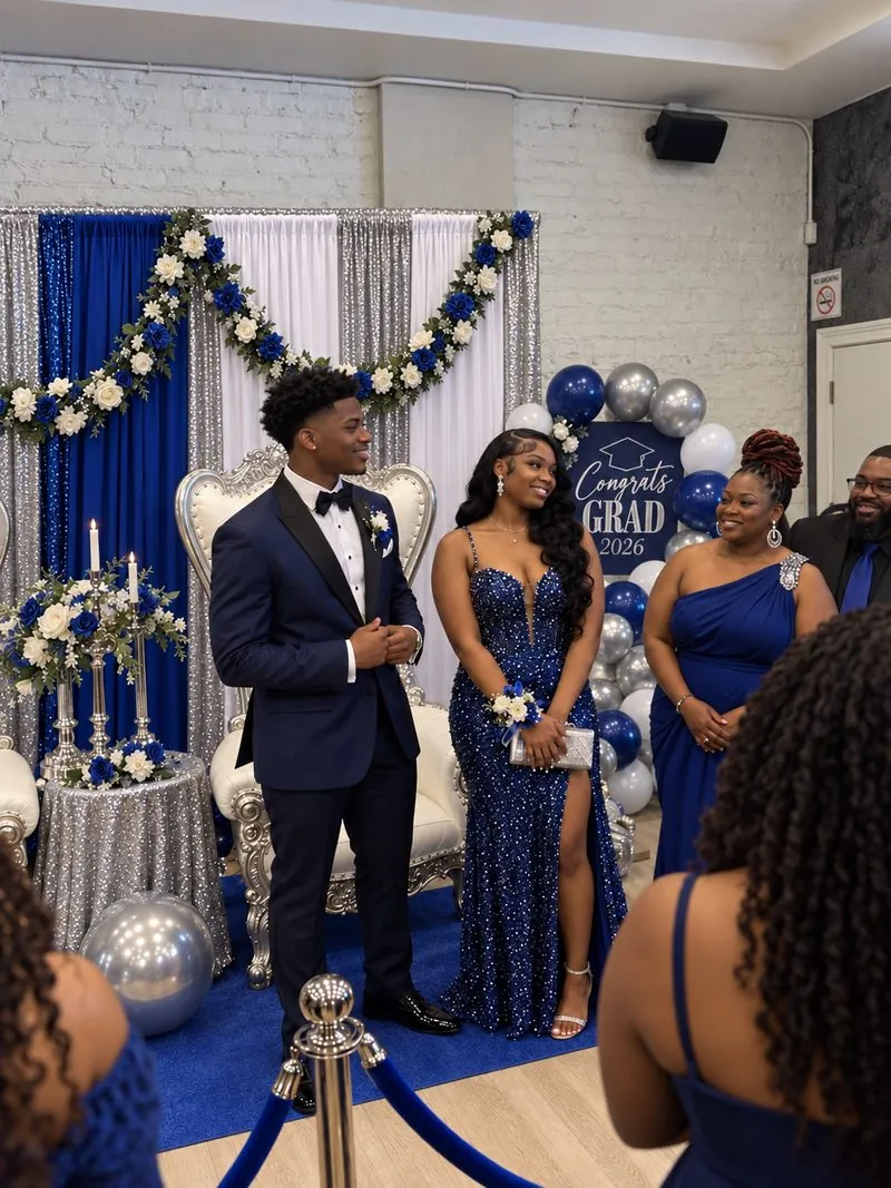 Graduation party at 3535 Venue in Humboldt Park, with a blue and silver backdrop and a balloon arch